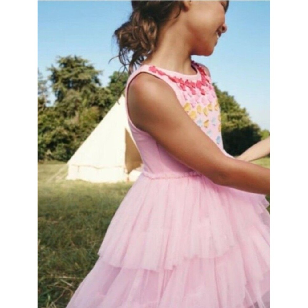 Mini Boden Girls Jersey Flutter Tulle Dress sweet pink & flower Applique size3/4
